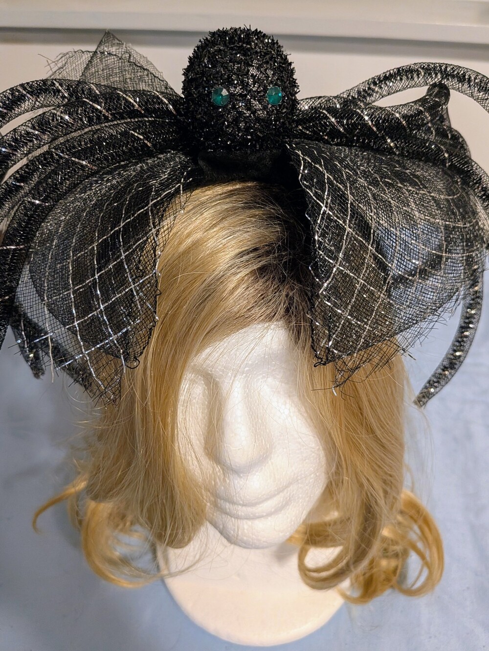 Black Sparkly Spider Hat Headband with Green Eyes and Giant Tulle Bow Halloween